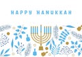 Happy Hanukkah. Celebration with menorah and dreidels, flowers. Blue and white design. Hanukkah religion holiday background with