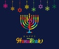 Happy Hanukkah, colored stained menorah, David stars and snow Royalty Free Stock Photo