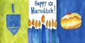 Happy Hanukkah. Dreidel (spinning top), candles, donut (sufganiyot - traditional food for Hanukkah).