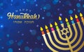 Happy Hanukkah elegant lettering, golden menorah and stars on blue Royalty Free Stock Photo