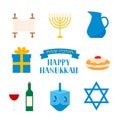 Happy Hanukkah flat icons set menorah candle, dreidel, Oil jar, star of David, etc. Jewish holiday Festival of Lights. Easy to Royalty Free Stock Photo