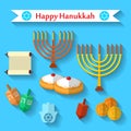 Happy Hanukkah flat vector icons set with dreidel game, coins, hand of Miriam, palm of David, star of David, menorah, traditional