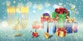 Happy Hanukkah Gold Menorah, gifts and presents, wood dreidel