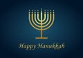 Happy hanukkah. Gold menorah of hanuka on blue background. Jewish chanukah with menora, candles and oil. Card for judaism festival