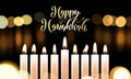 Happy Hanukkah golden font and candles Jewish holiday greeting card design template. Vector Chanukah or Hanukah holy lights festiv