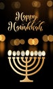 Happy Hanukkah golden font menorah candle lights candelabrum for Jewish lights festival holiday greeting card. Vector Chanukah or