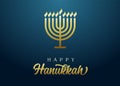 Happy Hanukkah golden menorah with lettering, candles and flame light