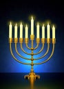 Happy Hanukkah - Golden Realistic Menorah, Candle Stand Candelabrum with Lit Candles - 3D Illustration Render