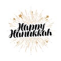 Happy Hanukkah greeting card or banner. Jewish holiday, handwritten lettering vector