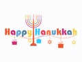 Happy Hanukkah greeting card. Candlestick with nine candles. Garland with hanging gifts. Vector Royalty Free Stock Photo
