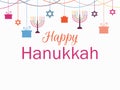 Happy Hanukkah greeting card. Candlestick with nine candles. Garland with hanging gifts. Vector Royalty Free Stock Photo