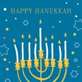 Happy Hanukkah. Greeting card design template with mehorah and candles. Hand drawn sketch vector illustration Royalty Free Stock Photo