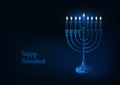 Happy hanukkah greeting card with glowing low poly menorah with candles