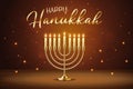 Happy Hanukkah greeting card with gold inscription and Golden realistic menorah, candlestick with burning candles Royalty Free Stock Photo