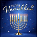 Happy Hanukkah greeting card with gold inscription and Golden realistic menorah, candlestick with burning candles