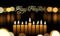 Happy Hanukkah greeting card of golden font and candles for Jewish holiday design background. Vector Chanukah or Hanukah lights fe Royalty Free Stock Photo