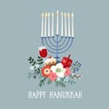 Happy Hanukkah greeting card, invitation with hand drawn candleholder, dreidle, donut and floral bouquet. Vector