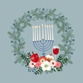 Happy Hanukkah greeting card, invitation with hand drawn candleholder, dreidle, donut and floral wreath. Vector