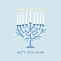 Happy Hanukkah greeting card, invitation with hand drawn candleholder and floral ornamnets. White decorative flowers