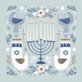 Happy Hanukkah greeting card, invitation with hand drawn candleholder, ornamental dove birds, David stars and flowers