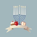 Happy Hanukkah greeting card, invitation with hand drawn ribbon banner, candleholder, dreidle and donut. Vector