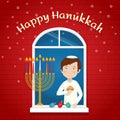 Happy Hanukkah Greeting card Jewish holiday boy with traditional symbols Royalty Free Stock Photo