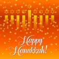 Happy Hanukkah greeting card, lights on orange. Golden bokeh backgorund. Royalty Free Stock Photo