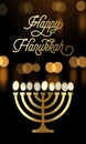 Happy Hanukkah greeting card of menorah candle lights and golden font for Jewish holiday. Vector Chanukah or Hanukah lights festiv