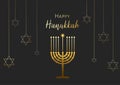 Happy Hanukkah Greeting card with menorah candles and David stars. Vector illustration for Jewish holidays