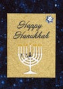 Happy Hanukkah greeting card with menorah on stars