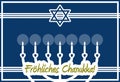 Happy Hanukkah, greeting card, menorah, white and blue, German.