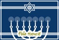 Happy Hanukkah, greeting card, menorah, white and blue, portuguese.