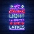 Happy Hanukkah, a greeting card in a neon style. Vector illustration. Neon luminous text on the subject of Chanukah Royalty Free Stock Photo