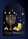 Happy Hanukkah greeting card vector illustration with golden menorah Royalty Free Stock Photo