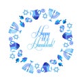 Happy Hanukkah Hebrew Blue color lettering greeting card traditional Chanukah symbols Royalty Free Stock Photo