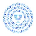 Happy Hanukkah Menorah Hebrew Blue color lettering greeting card traditional Chanukah symbols Royalty Free Stock Photo