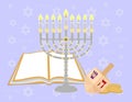 Happy Hanukkah holiday, vector illustration. candles, menorah, open book, sevivon top and coins