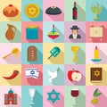 Happy hanukkah icon set, flat style