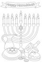 Happy Hanukkah Illustration. Coloring page. Greeting card.