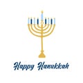 Happy Hanukkah  the Jewish festival of lights. Menorah candle holder with lit candles and text. Vector greeting card  poster on Royalty Free Stock Photo