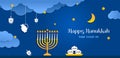 Happy Hanukkah, Jewish Festival of Lights paper cut greeting banner. Chanukah symbols dreidels, spinning top, Hebrew letters,