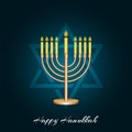 Happy Hanukkah Jewish holiday deep blue greeting poster or banner mockup, 3d Hanukkah menorah candelabrum with nine candles and