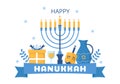 Happy Hanukkah Jewish holiday Template Hand Drawn Cartoon Flat Illustration with Menorah, Sufganiyot, Dreidel and Traditional