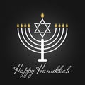 Happy Hanukkah is a Jewish holiday traditional poster or greeting card the rededication of the Holy Temple on the black background