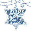 Happy Hanukkah lettering.David Star shape.Blue