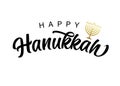 Happy Hanukkah lettering with golden menorah candles