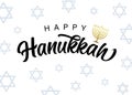 Happy Hanukkah lettering, golden menorah and david stars