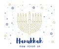 Happy Hanukkah lettering greeting card. Festive poster print typographical inscription. Hanukkah background with golden