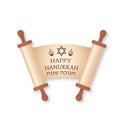 Happy Hanukkah lettering on old scroll paper. Jewish holiday Festival of Lights. Easy to edit vector template for banner,