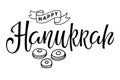 Happy Hanukkah logotype, badge, icon typography with donuts sketch. Calligraphy jewish Lettering holiday logo template